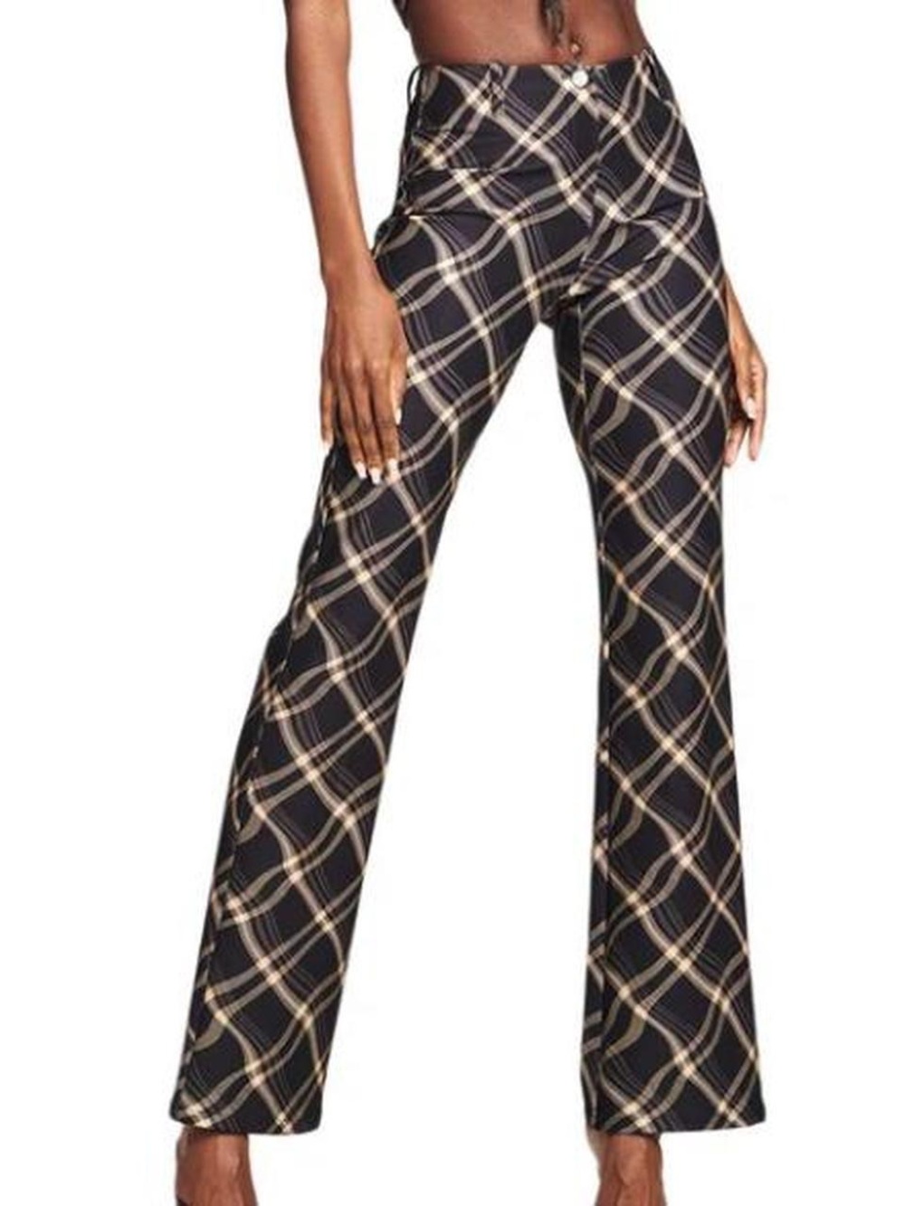 I.AM.GIA Carmel Black Tan Wavy Plaid Print High Rise Flare Leg Pants Size Large